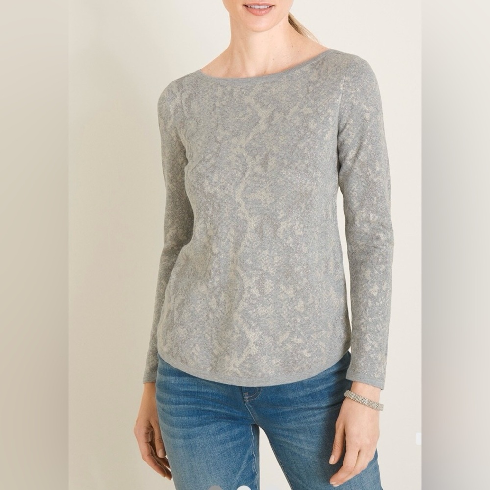 NWT! Chicos Metallic Gray Animal Print Bateau Pullover Sweater LS Size 4 (XXL)